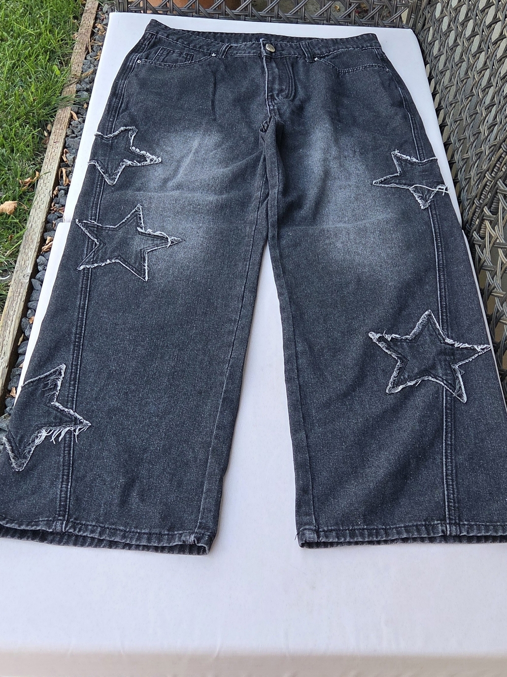 ROMWE Men Y2K Frayed Star Patch Wide Leg Baggy Jeans Black Size L US 40